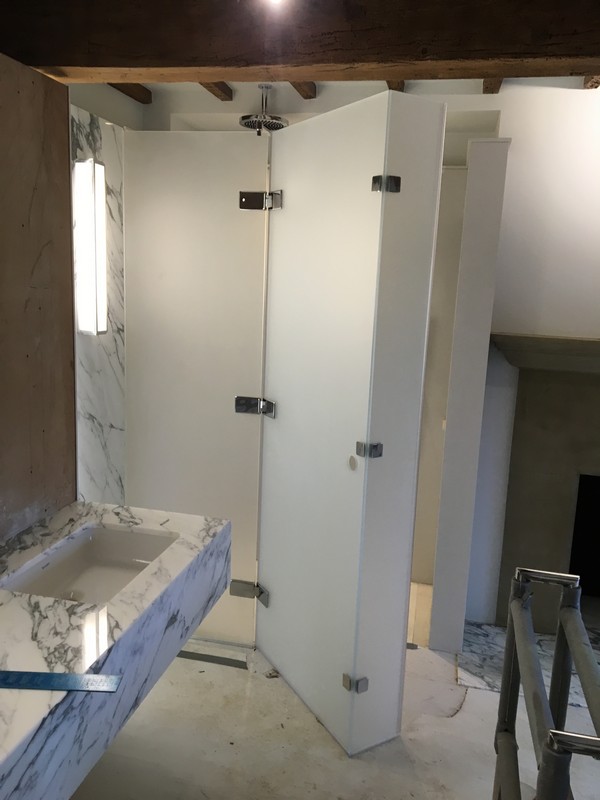 Bespoke frosted glass shower enclosure in Cricklewood luxury bathroom